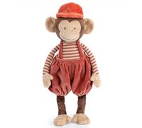 Bukowski Winston, Scimmietta di Peluche Marrone con Salopette in Velluto Rossa e Cappello Rosso, Design AB, Altezza 25cm