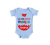 Bulabadoo Body per Neonato - Nome Personalizzabile - La Mia Prima Pasqua - Felice - Happy - Coniglietto - Celeste - Bimbo - Maschietto