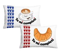 Bulabadoo Coppia di Federe Cuscino Letto Sanvalentino - Cappuccino e Croissaint - Tu Mi Completi - Colazione - Dimensioni: 80X50 cm - Idea Regalo