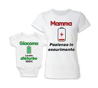 Bulabadoo Coppia T-Shirt Madre Body Neonato Figlio Maschio - Nome Personalizzabile - Batteria - Pazienza in esaurimento - Livello Disturbo 100% - Bimbo Piccolo - Primo Anno - Festa della Mamma