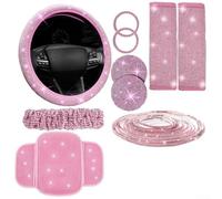 Bulevisiter Set di 10 coprivolante con strass, supporto per telefono, sottobicchieri, spalline e anello di avviamento, per una decorazione elegante dell'auto (rosa)