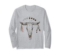 Bull Skull Moon Phases with Boho Feathers Maglia a Manica