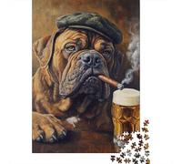 Bulldog con Berretto Puzzle 1000 Pezzi per Adulti Birra Sigaro Gioco di Puzzle 1000 Pezzi Relax Decorazione Casa 52x38cm/1000pcs