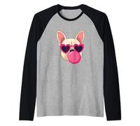 Bulldog francese carino rosa occhiali da sole che soffia bolla divertente Maglia con Maniche Raglan