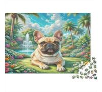 Bulldog Francese - Carta resistente - Bulldog Francese nel giardino tropicale con cascata - Puzzle - Stimolante per la mente - Antistress - 52x38cm/1000 pezzi