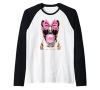 Bulldog Francese con Occhiali da Sole Fiocco Rosa e Gomma da Masticare Maglia con Maniche Raglan