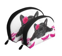 Bulldog francese con rosa, Borsa per trucco a conchiglia Portamonete da donna Borsa da toilette piccola Borsa per cosmetici 2 pezzi