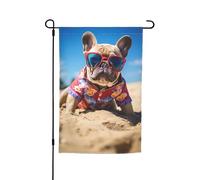 Bulldog francese estivo Il mio cane d'amore sulla spiaggia Bandiera da giardino vibrante bifacciale 12 x 18 pollici Decorazione per casa e giardino