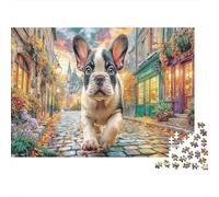 Bulldog francese in strada - Cartone - Bulldog francese che corre nella strada acciottolata - Puzzle premium - Allenamento cerebrale - Arredamento casa - 38x26cm/1000 pezzi
