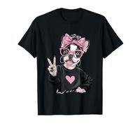 Bulldog Francese Ragazza Segno della Pace Fiocco Rosa Kawaii Grafica Sharp Maglietta