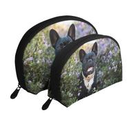 Bulldog francese si trova nel design dei fiori, Borsa per trucco a conchiglia Portamonete da donna Borsa da toilette piccola Borsa per cosmetici 2 pezzi