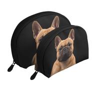 Bulldog francese sul nero, Borsa per trucco a conchiglia Portamonete da donna Borsa da toilette piccola Borsa per cosmetici 2 pezzi