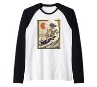 Bulldog Giapponese Che Pratica Il Surf Kanagawa Wave Maglia con Maniche Raglan