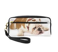 Bulldog inglese Fotografia di Bulldog triste e stanco con crema marrone, Borsa per il trucco Borsa per cosmetici Borsa da viaggio portatile da toilette Astuccio in pelle per donne e ragazze