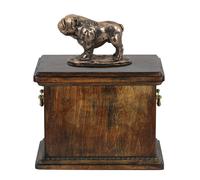 Urna Bulldog in legno massiccio per le ceneri del cane, con statua di cane.