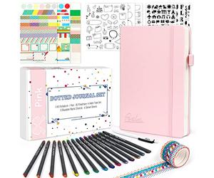 Bullet Doted Journal Kit,Feela A5 Diaz poited Bullet Grid Journal insieme con rosa Notebook,Fineliner Pens,Reuitable Stencils,Sticker Sheets,Washi Tape,Black Pen for Diary,Schedule Plan,Disegno