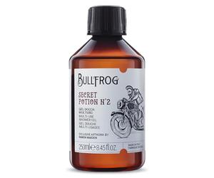 Bullfrog - Gel Doccia Multiuso Secret Potion N.2: Detergente per Corpo, Viso e Capelli, 91% Naturale, Fragranza Speziata e Ambrata, Made in Italy, 250 ml