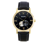 Bulova American Clipper Leather Strap Open Heart Black Dial 97A154 Men's Watch