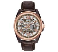 Bulova Men's Mechanical Hand Wind Stainless Steel and Leather Dress Watch, Color:Brown (Model: 98A165)