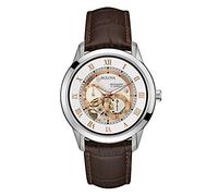Bulova - Solo tempo cassa in acciaio, cinturino in pelle marrone, quadrante sunray bianco con movimento a vista e dettagli Rose Gold IP, fibbia deployante 2 pulsanti per Uomo