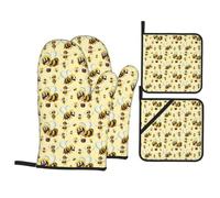 Bumble Bee Oven Mitts and Pot Holders 4 Pcs Set,High Heat Resistant 500 Degree Extra Thicken Long Kitchen Cotton Oven Glove for Cooking