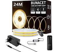 BUNACET COB Striscia LED Bianco Caldo 24M 24V Dimmerabile 3000K, 324 LEDs/M, Alta Luminosità, CRI90+, con Alimentatore GS, Telecomando RF, Luci LED Tagliabile per Casa Camera Cucina Decorazioni