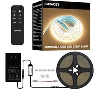 BUNACET Striscia LED COB 6 m, luce bianca calda, dimmerabile, 24 V, 3000 K, CRI90 + con alimentatore di rete e telecomando RF per cucina, camera da letto, soggiorno, armadio, specchio