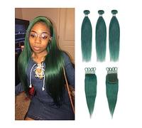 Bundle Hair Pacchetti Remy con chiusura di capelli umani diritti verdi 3 fasci ondulati brasiliani Extension di acconciatura(12 14 16+10Chiusura)