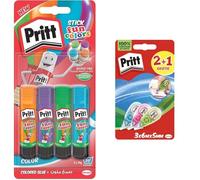 Bundle Pritt colle stick Fun Colors, 4 colori in stick da 10g & Pritt Micro Roller, Cancellino a nastro dal design colorato in blu, verde e rosa, Confezione da 3 (5mmx6m)