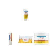 Bundle Vitamindermina - Crema Mani Riparatrice 50 ml + Stick Labbra 4,5 ml con Ceramidi e Burro di Karité + Salviette Detergenti 72 pz Biodegradabili + Crema Idratante Restitutiva 400 ml