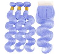 Bundles Capelli umani onda corpo colore blu chiaro viola 3 fasci con chiusura frontale 3/4 estensioni per capelli brasiliani Remy capelli tessere(13" x 4",16 and14)