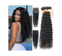 Bundles Pacchetti di onde profonde con chiusura, capelli vergini brasiliani ondulati e ricci, 3 pacchetti in pizzo 4x4 pre-pizzicati for bambini Acconciatura estensioni(18 18 18 Closure16)