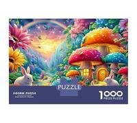 Bunnies near Mushroom Houses And Rainbow Puzzle Da 1000 Pezzi Cute Rabbit Ideale Per I Regali Di Compleanno E Di Vacanza 70x50cm/1000pcs