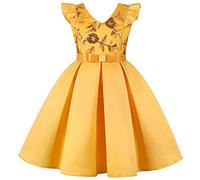 BUNNY LULU Filles Robe inclinée épaule Demoiselle d’honneur Mariage Princesse Arc des Enfants Bal d’Anniversaire soirée Spectacle al Ginocchio（Giallo, 2-3 Anni）