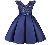 BUNNY LULU Filles Robe inclinée épaule Demoiselle d’honneur Mariage Princesse Arc des Enfants Bal d’Anniversaire soirée Spectacle al Ginocchio （Blu Scuro, 11-12 Anni）