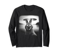 Bunny Selfie with UFO Funny Black & White Graphic Vintage Maglia a Manica