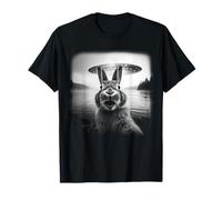 Bunny Selfie with UFO Funny Black & White Graphic Vintage Maglietta