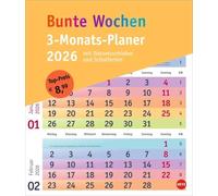 Bunte Wochen 3-Monatsplaner 2026: Farbenfroh und übersichtlich: Wandkalender 2026 mit 3-Monats-Ansicht, Datumsschieber und Schulferien. Neutraler Planer für den schnellen Überblick