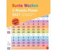 Bunte Wochen 3-Monatsplaner 2027: Farbenfroh und übersichtlich: Wandkalender 2027 mit 3-Monats-Ansicht, Datumsschieber und Schulferien. Neutraler Planer für den schnellen Überblick