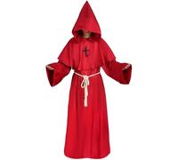 BuntWunder Costume da Monaco Medievale, Frate Accappatoio Medievale, Saio Cappuccio Vestito da Monaco, Sacerdote Rinascimentale con Adesivo Cicatrici Halloween Abito con Cappuccio Frate (Rosso, M)