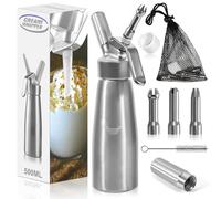 BUOAZR 500ml Sifone Panna Montata, Sifone per Cucina, Dispenser Panna Montata, con 3 Ugelli e Spazzola da Pulizza, Borsa a rete, per Decorazione Torte di Compleanno Dessert