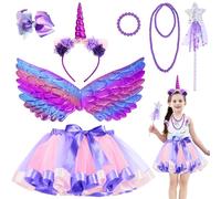 BUOAZR Costume Unicorno Bambina, 7 Pezzi Gonna Tulle bimba Cerchietto Unicorno Principessa Ali Angelo, tutu Unicorn Costume Girls per Cosplay Bambini Compleanno Partito Carnevale