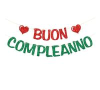 Buon Compleanno Banner - Festone per feste di compleanno a tema italiano, decorazioni per feste di buon compleanno, glitter rosso e verde