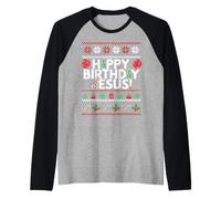 Buon Compleanno Gesù Divertente Maglione di Natale Design Meme Maglia con Maniche Raglan