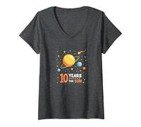 Buon decimo Viaggio Intorno al Sole | Regalo di Compleanno Spaziale Maglietta con Collo a V, Donna, Grigio Scuro, XXL