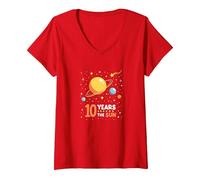 Buon decimo Viaggio Intorno al Sole | Regalo di Compleanno Spaziale Maglietta con Collo a V, Donna, Rosso, XXL