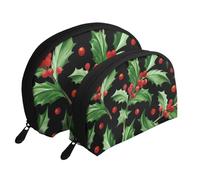 Buon Natale Agrifoglio, Borsa per trucco a conchiglia Portamonete da donna Borsa da toilette piccola Borsa per cosmetici 2 pezzi