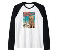 Buon Natale Cane Torre Eiffel Parigi Vacanze Maglia con Maniche Raglan