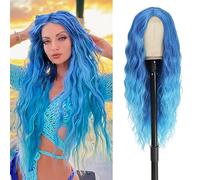 BUPPLER Cosplay Long Blue Wig 28 Inch Middle Part Sintic Wig Realistic Gifts Party Wigs for Women Daily Use Colorful Wigs (Blue)