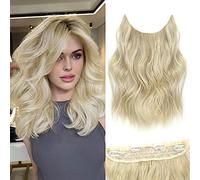 BUPPLER Halo - Extension per capelli con filo invisibile, 30,5 cm, lunghezza regolabile, capelli ondulati, sintetici, 4 clip di sicurezza, 30,5 cm, misto biondo platino